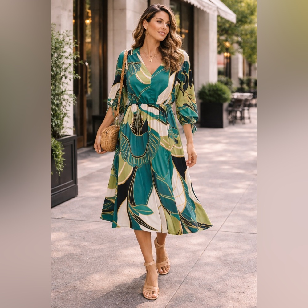 Tahari Teal and Black Floral Midi Dress